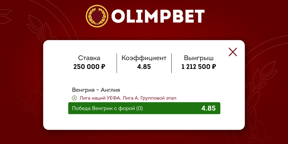 Клиент БК Olimpbet стал миллионером, поставив на Венгрию в матче с Англией