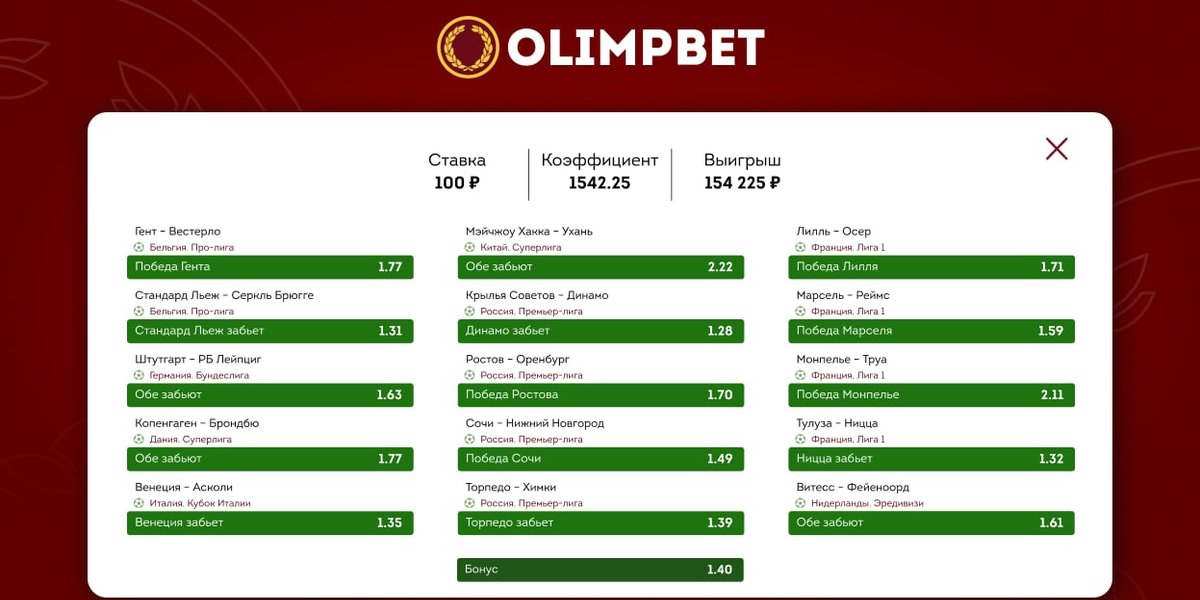 ​Клиент БК Olimpbet выиграл больше 150 тысяч, поставив 100 рублей