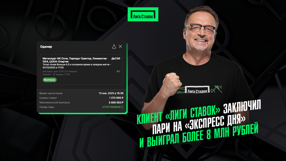 Клиент БК «Лига Ставок» заключил пари на «Экспресс дня» и выиграл более 8 млн рублей